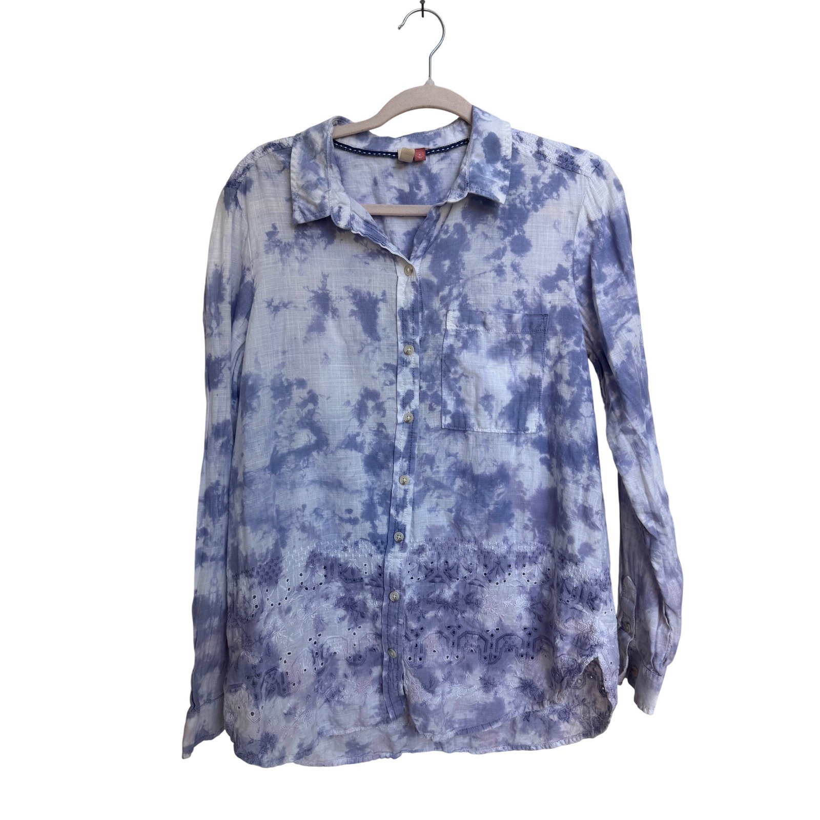 Pilcro Blue Tie Dye Eyelet Embroidered Button Down Cotton Shirt Size Medium